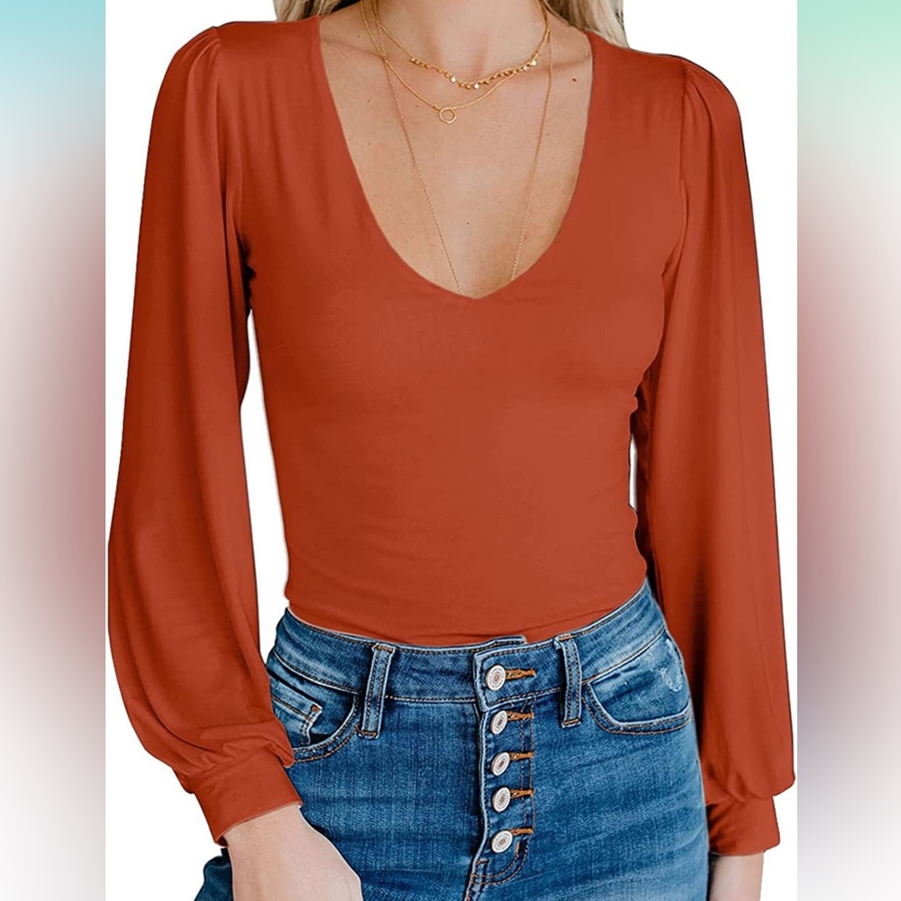Burnt orange scoop neck long sleeve bodysuit
